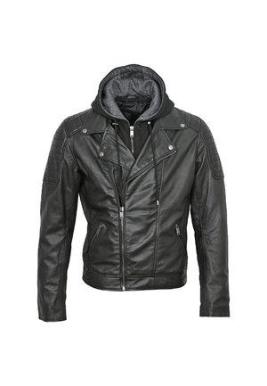 Czarna skórzana kurtka motocyklowa z szarym kapturem, asymetrycznym zapięciem na zamek z przodu, pikowanymi akcentami na ramionach oraz dwoma bocznymi kieszeniami na zamek.