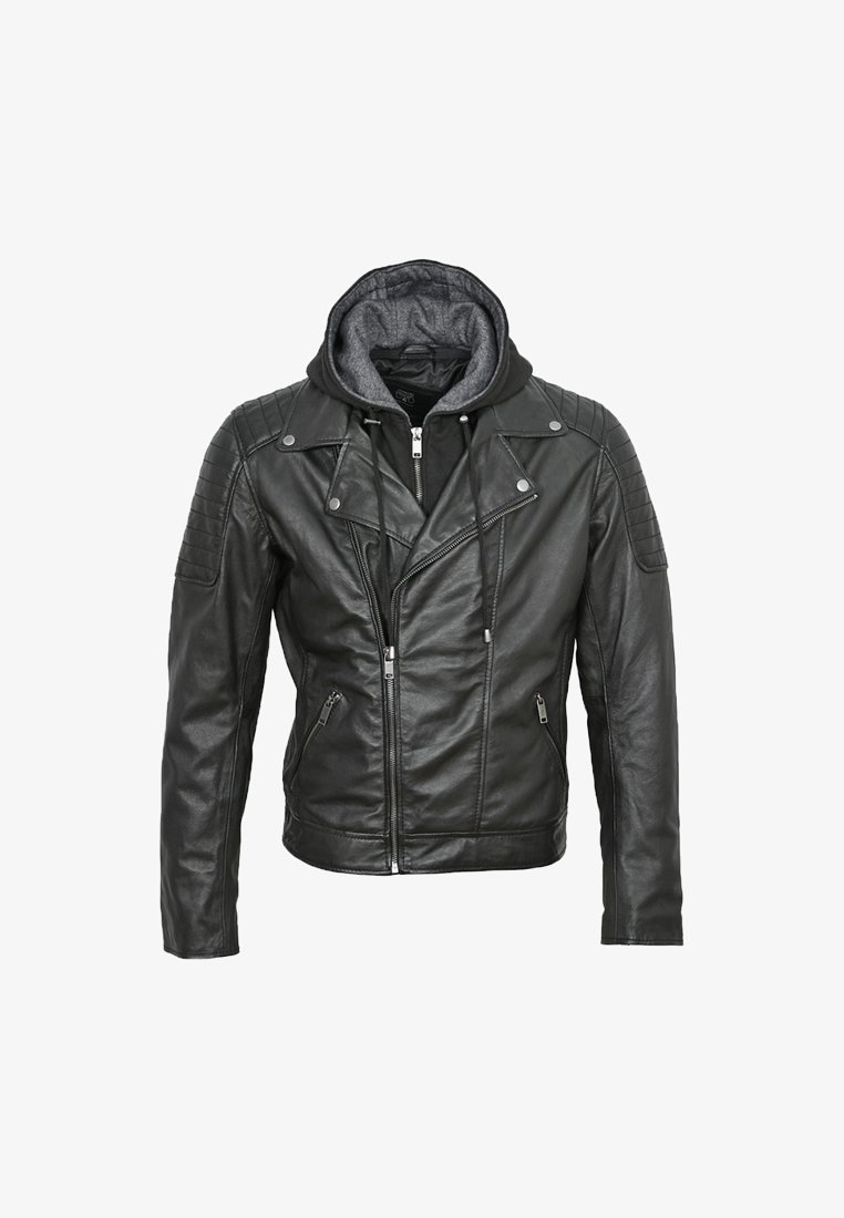 Czarna skórzana kurtka motocyklowa z szarym kapturem, asymetrycznym zapięciem na zamek z przodu, pikowanymi akcentami na ramionach oraz dwoma bocznymi kieszeniami na zamek.