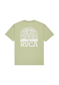 Helles grünes Baumwoll-T-Shirt mit großem weißen Palmenbaum-Graphic und "RVCA"-Text auf der Rückseite. Kurzärmlig und klassischer Schnitt.