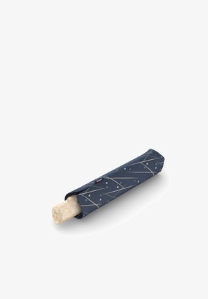 Compact folded navy umbrella with light gray geometric and dot pattern, partially slid out of matching protective sleeve.