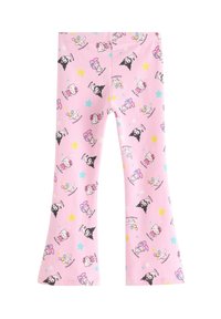 Leggings évasés en tissu rose doux ornés de personnages de dessin animé répétés et d'étoiles colorées en bleu, jaune et vert.