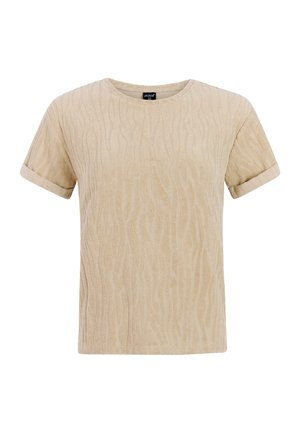 Beige T-shirt met korte mouwen en een gestructureerd, golvend patroon. Voorzien van een ronde halslijn en omgeslagen mouwboorden. Zachte stofafwerking.