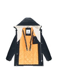Dunkelblaue Jacke mit orangenem gestepptem Innenfutter, ausgestattet mit einer mit Schafsfur gefütterten Kapuze und mehreren Taschen. Enthält schwarze Akzentgurte.