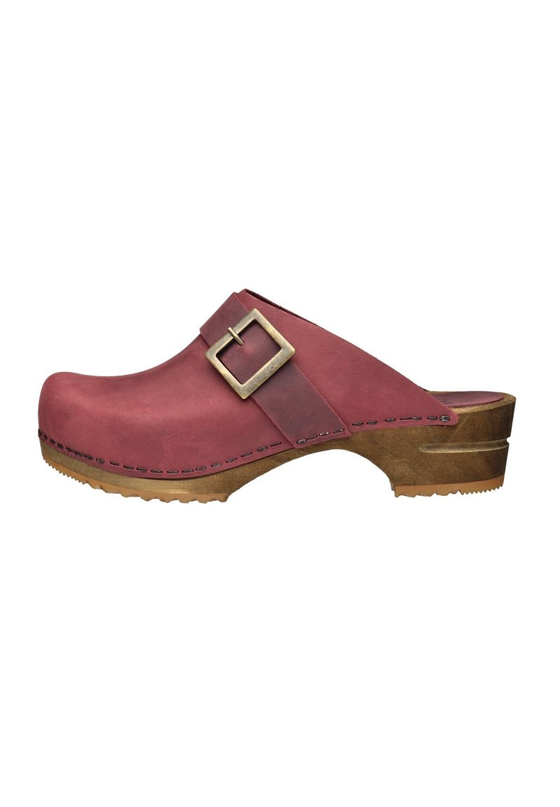 Clogs with a maroon leather upper, adjustable buckle, and wooden sole. Features a textured rubber outsole for grip and durability.