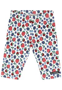Legginsy chłopięce z miękkiej bawełny, z całkowitym nadrukiem czerwonych truskawek, niebieskich borówek i fioletowych jeżyn na jasnym tle.