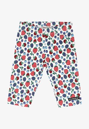 Jongensleggings van zachte katoen, met een all-over print van rode aardbeien, blauwe bosbessen en paarse bramen op een lichte achtergrond.