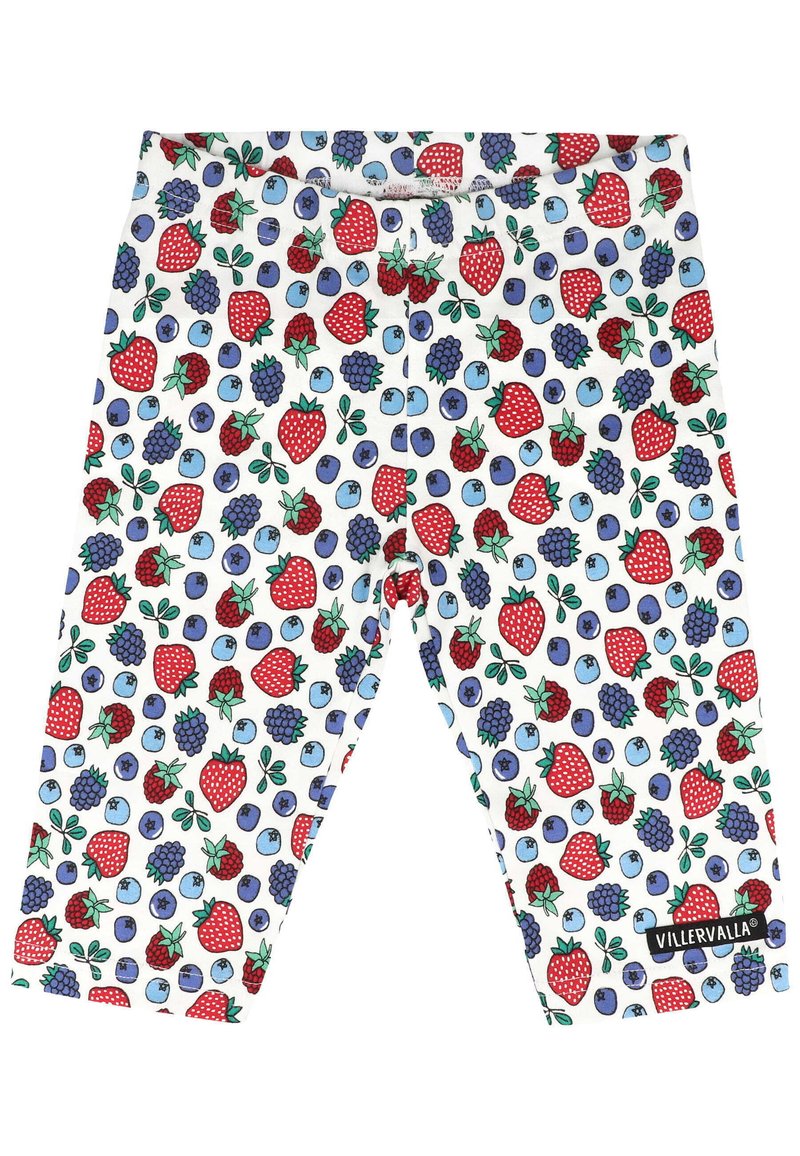 Legginsy chłopięce z miękkiej bawełny, z całkowitym nadrukiem czerwonych truskawek, niebieskich borówek i fioletowych jeżyn na jasnym tle.