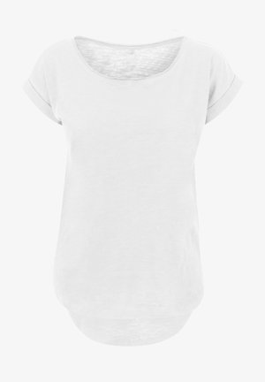 Biała bluzka z krótkim rękawem, okrągłym dekoltem i nieco podwiniętymi rękawami. Miękka, lekka tkanina o luźnym kroju i zaokrąglonym dolnym wykończeniu.