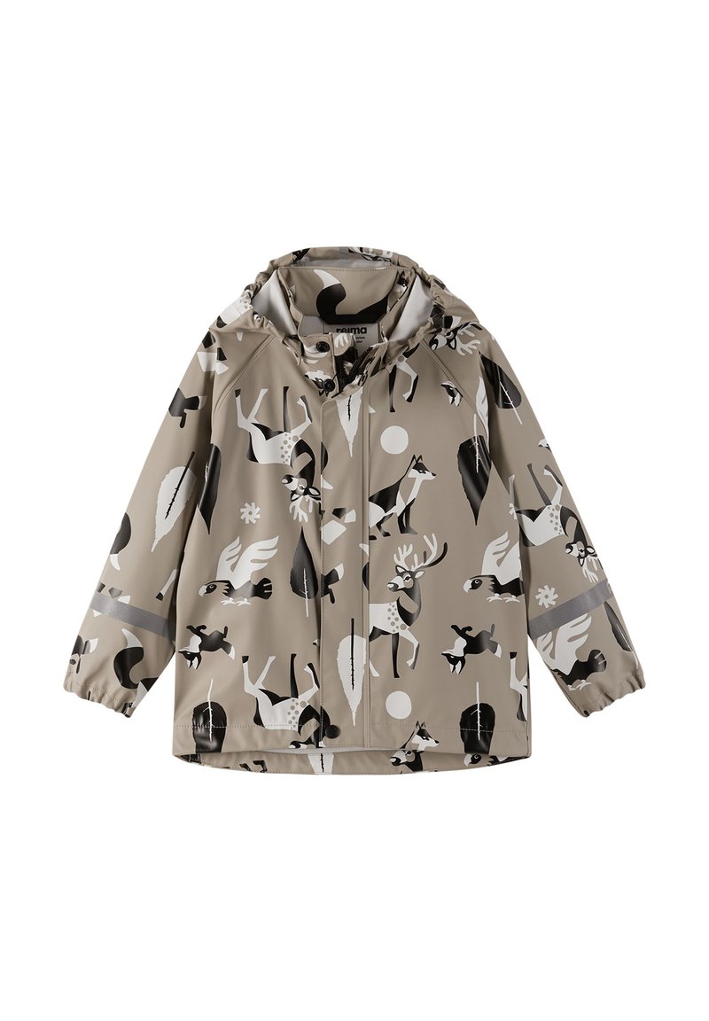 Veste de pluie beige clair avec des imprimés animaliers et naturels en noir et blanc. Avec capuche, poignets élastiques et fermeture éclair à l'avant.
