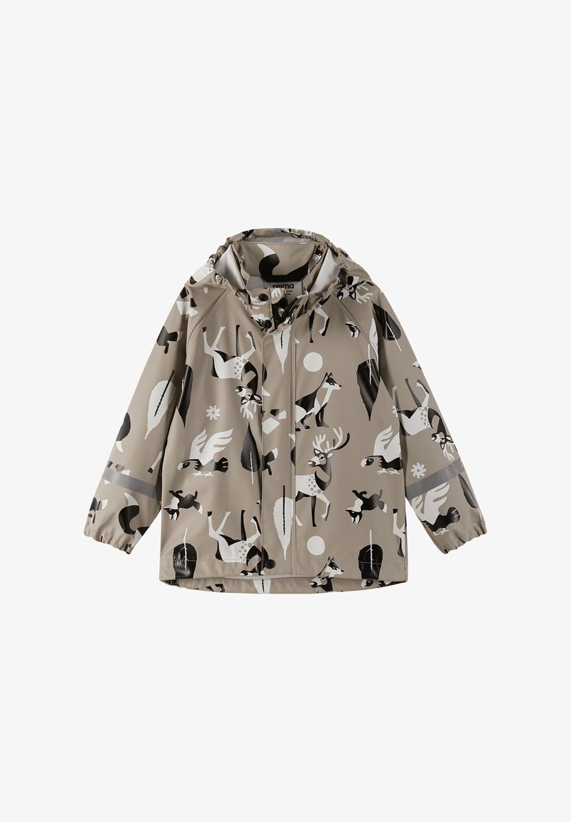 Ljusbeige regnjacka med svarta och vita djur- och naturtryck. Med huva, elastiska ärmmuddar och framzip.