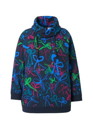 Marineblauwe sweatshirt met een kraag, voorzien van kleurrijke strikpatronen in roze, blauw en groen. Trekkoorden met gouden accenten. Zachte textuur.