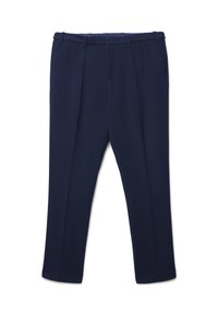 Pantalons sur mesure bleu marine avec passants de ceinture, poches latérales et pli devant, posés à plat sur un fond blanc.