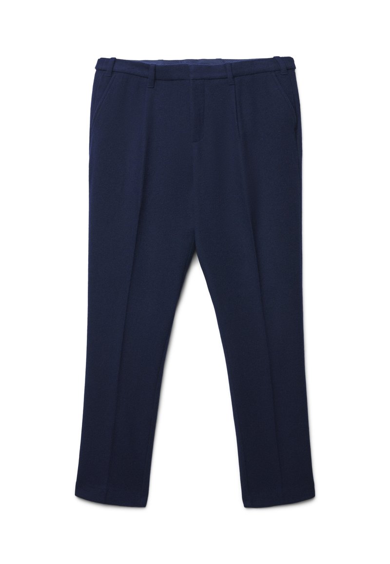 Pantalons sur mesure bleu marine avec passants de ceinture, poches latérales et pli devant, posés à plat sur un fond blanc.