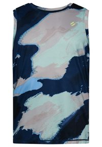 Débardeur de sport sans manches présentant un motif abstrait bleu et crème sur un tissu respirant, avec un col rond et une coupe décontractée.