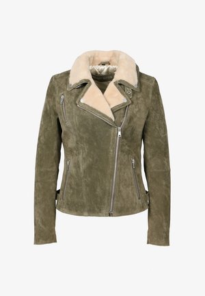 Olive green suede jacket with a cream-lined collar, featuring zippered pockets and side adjusters for a fitted look.