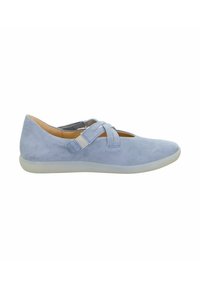 Light blue suede shoe with a rounded toe, featuring a cross-strap design and a rubber sole. The upper has a smooth texture.