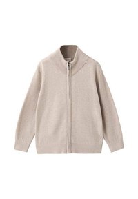 Beige zip-up kofta med hög krage, långa ärmar och en mjuk, stickad textur. Har ribbade manschetter och nederkant för bra passform.