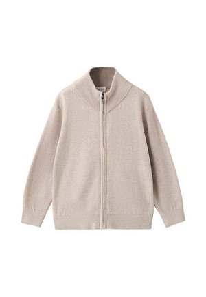 Cardigan beige zippé avec un col haut, des manches longues et une texture tricotée douce. Présente des poignets et un ourlet côtelés pour un bon ajustement.