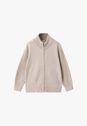 Beige zip-up cardigan with a high collar, long sleeves, and a soft, knitted texture. Features ribbed cuffs and hem for fit.