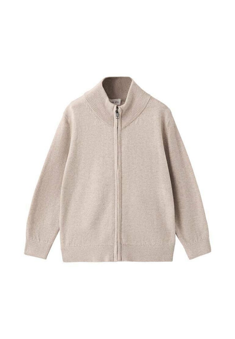 Beige zip-up kofta med hög krage, långa ärmar och en mjuk, stickad textur. Har ribbade manschetter och nederkant för bra passform.