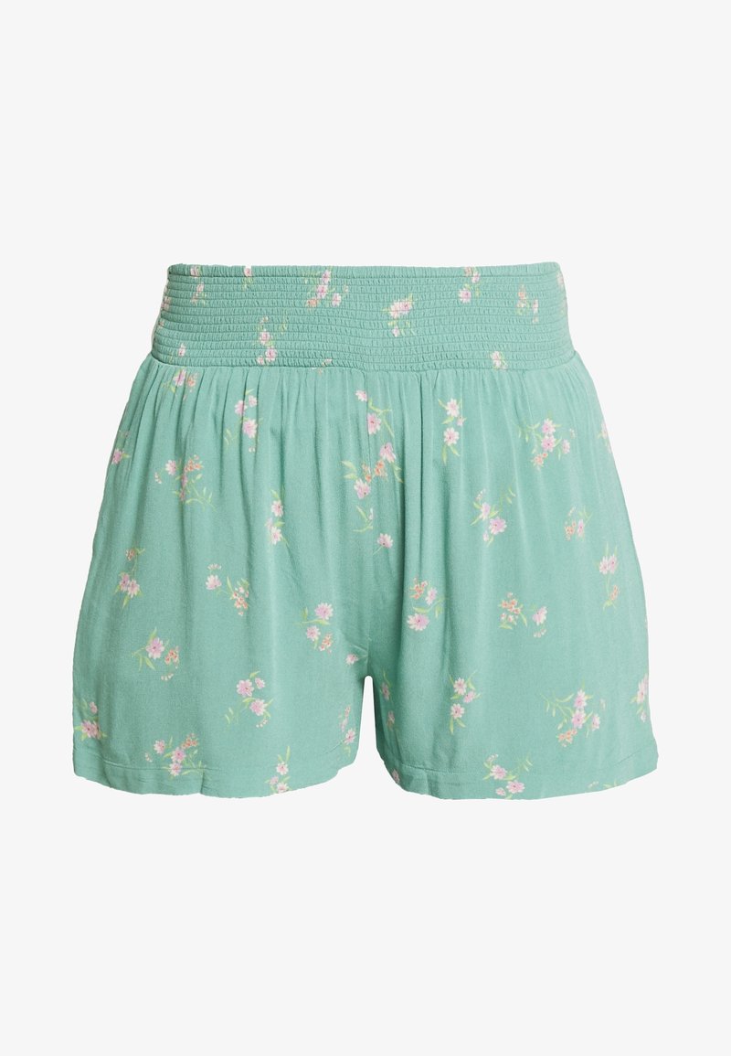 Shorts amples couleur vert d'eau clair avec un petit imprimé floral rose et blanc, dotés d'une large ceinture élastique froncée.