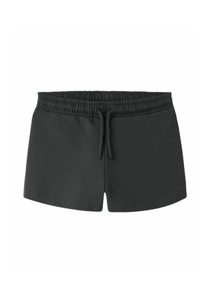 Zwarte korte broek met elastische tailleband, vooraan een trekkoord, rechte zoom en een eenvoudig, effen ontwerp.