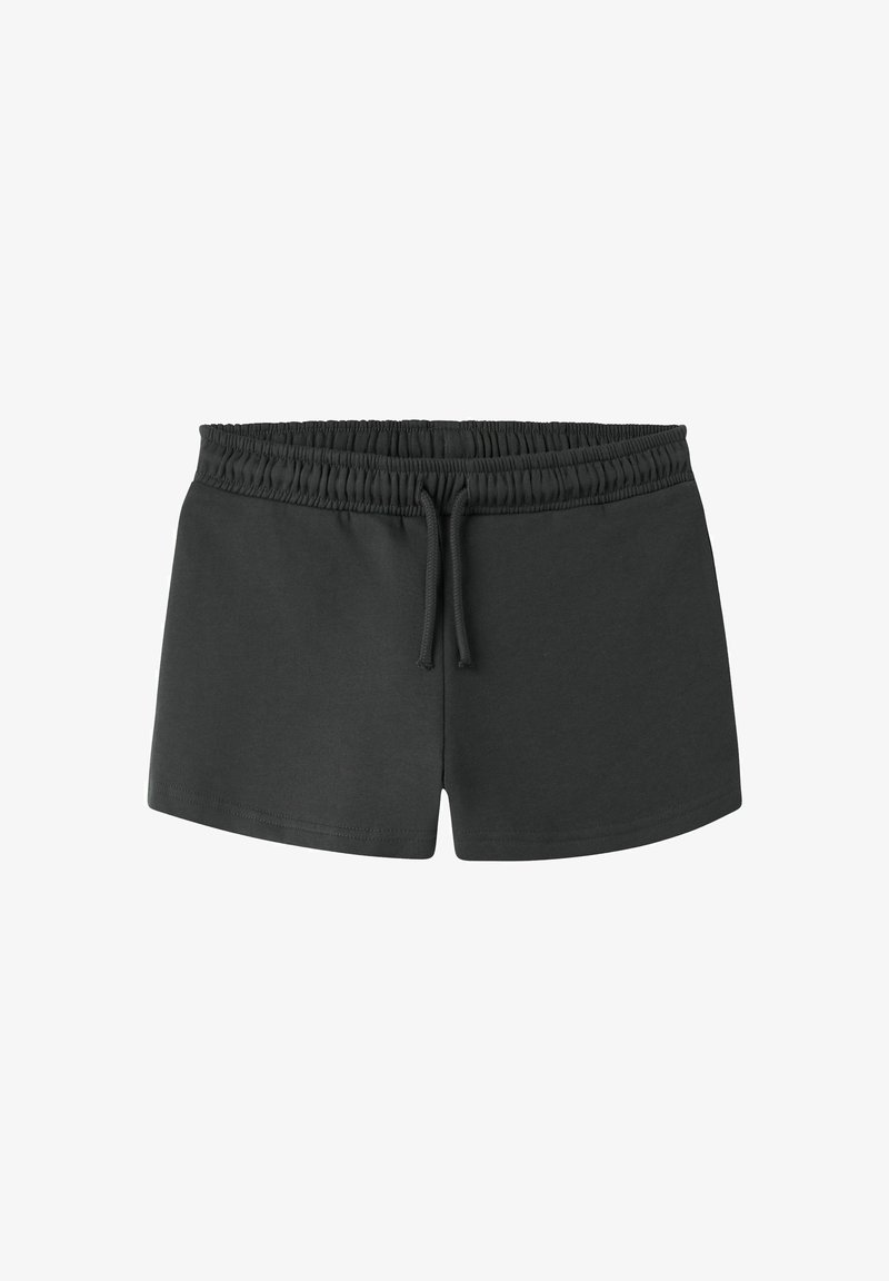 Shorts avec taille élastique noire, cordon de serrage à l'avant, ourlet droit et design simple et uni.