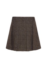 Brown tweed skirt featuring a houndstooth pattern, pleated design, and subtle blue specks. Mid-thigh length with side pockets.
