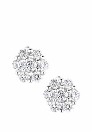 Klyngestudørester lavet af sølv med flere runde, glitrende klare sten arrangeret i et blomsterlignende mønster.