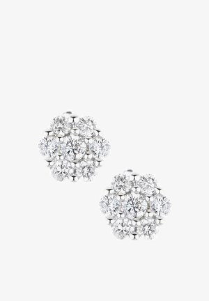 Náušnice typu cluster vyrobené zo striebra, s viacerými okrúhlymi lesklými priezračnými kameňmi usporiadanými do kvetinového vzoru.