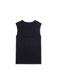 Top sin mangas en un azul marino oscuro con escote cuadrado, confeccionado en una tela suave. Presenta líneas limpias y un dobladillo que se sitúa justo por encima de la cintura.