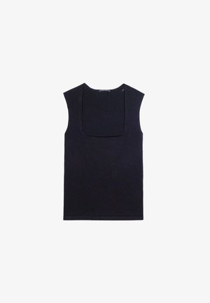 Donker marineblauw zonder mouwen top met een vierkante halslijn, gemaakt van zachte stof. Kenmerkt schone lijnen en een zoom die net boven de taille uitkomt.