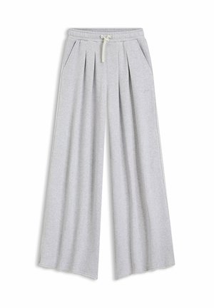 Light gray, wide-leg sweatpants with pleats, elastic waistband, and drawstring. Includes two side pockets and a soft texture.