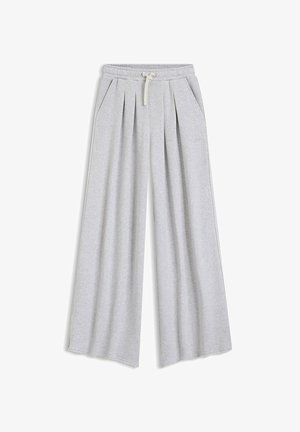 Light gray, wide-leg sweatpants with pleats, elastic waistband, and drawstring. Includes two side pockets and a soft texture.