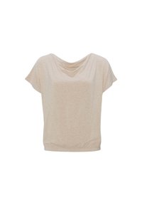 Top a maniche corte, dal taglio morbido in un beige chiaro, con scollatura drappeggiata e orlo arricciato per una silhouette rilassata. Tessuto morbido e testurizzato.