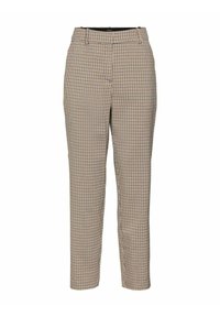 Ruted bukser i beige og brune nuancer, skræddertilpasset pasform, med lidt stretch, med flad front og smalle ben.