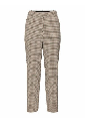 Geruite broeken in beige en bruine tinten, op maat gemaakt, met een lichte rek, met een platte voorkant en smalle pijpen.