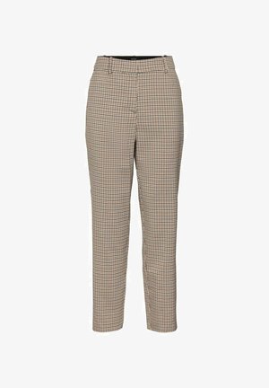 Geruite broeken in beige en bruine tinten, op maat gemaakt, met een lichte rek, met een platte voorkant en smalle pijpen.