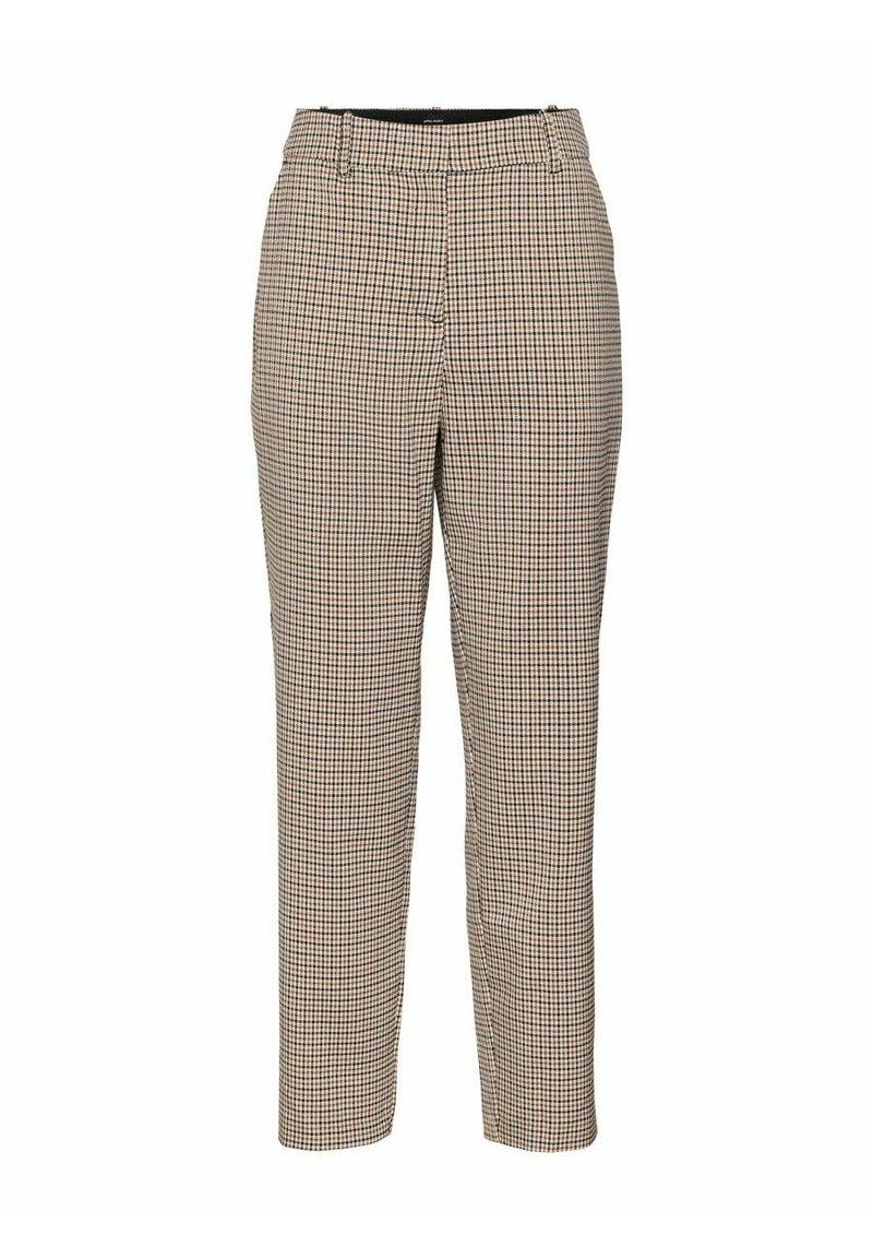 Ruted bukser i beige og brune nuancer, skræddertilpasset pasform, med lidt stretch, med flad front og smalle ben.