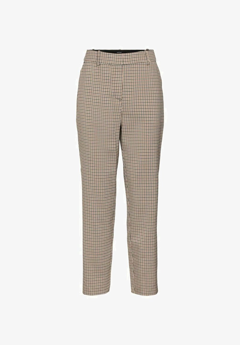Ruted bukser i beige og brune nuancer, skræddertilpasset pasform, med lidt stretch, med flad front og smalle ben.
