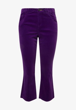 Purple corduroy flared pants with front pockets and a textured finish. The fabric has vertical ribbing, adding depth to the color.