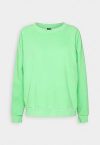 Sweat-shirt uni vert menthe à manches longues, col rond avec poignets et ourlet côtelés sur un fond gris clair.