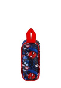 Trousse Spiderman avec une poignée rouge, présentant un design bleu et noir agrémenté de graphiques imprimés de Spiderman et de motifs d'éclairs.