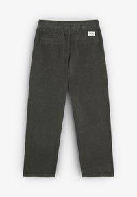 Pantalones de pana gris oscuro con una cinturilla elástica, dos bolsillos traseros y una textura estriada sutil. Etiqueta visible en la parte posterior.