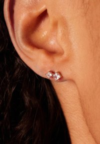 Boucles d'oreilles en argent avec deux pierres carrées taillées, de tailles différentes, serrées l'une contre l'autre sur le lobe d'oreille d'un modèle.