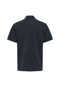 Navyblaues Poloshirt mit kurzen Ärmeln, flachem Kragen und geradem Saum. Hergestellt aus Baumwollstoff mit glatter Textur und ohne Muster.
