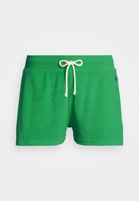 Pantalones cortos verdes hechos de una tela suave con un acabado texturizado. Cintura elástica con cordón de crema y pequeño bordado de logo azul.