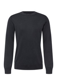 Pull gris foncé à manches longues avec col rond, poignets et ourlet côtelés, présenté sur un fond blanc.