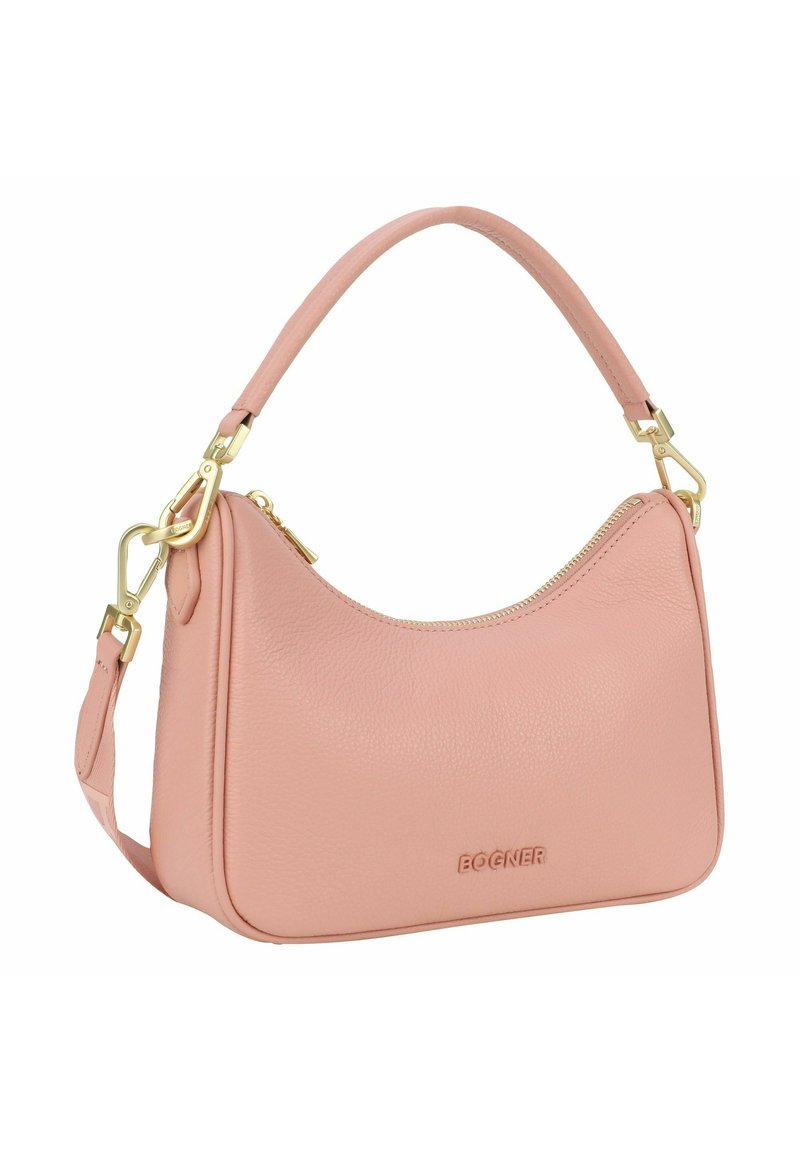 Rosa Lederhandtasche mit geschwungener Silhouette, goldenem Zubehör, einem Reißverschluss und einem abnehmbaren Schultergurt. Verfügt über ein geprägtes Logo.