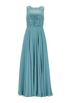 Robe longue teal avec un corsage en sequins et un décolleté rond, présentant une jupe fluide en tissu doux. Texture lisse avec une brillance.